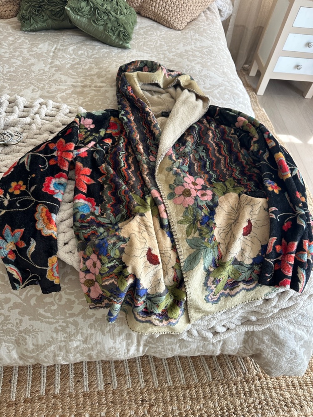 Johnny Was Multicolor Floral Patchwork Hooded Sweater Jacket - Black & Cream